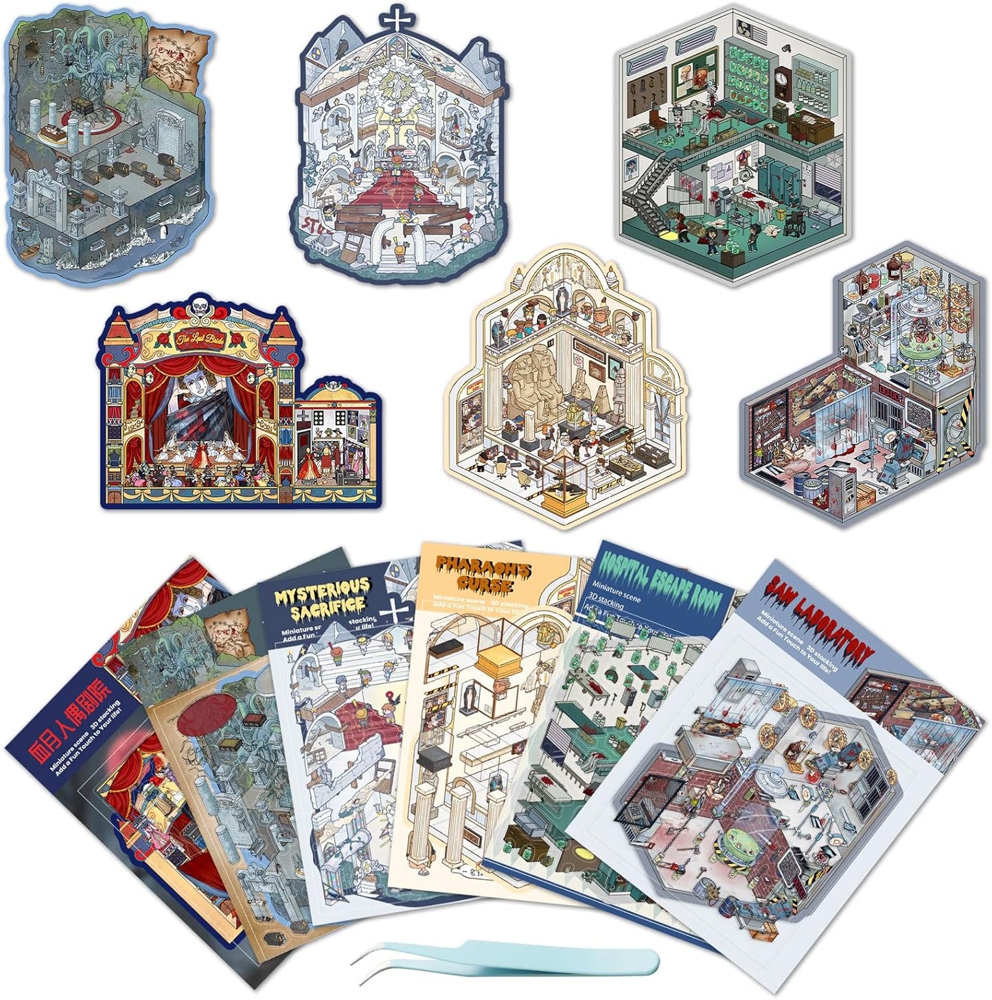 6 Sets DIY 3D Terror Stickers Scene for Teen, Spooky 3D House Sticker Therapy Adults