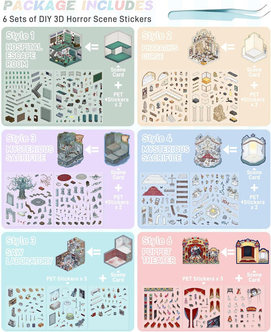 6 Sets DIY 3D Terror Stickers Scene for Teen, Spooky 3D House Sticker Therapy Adults