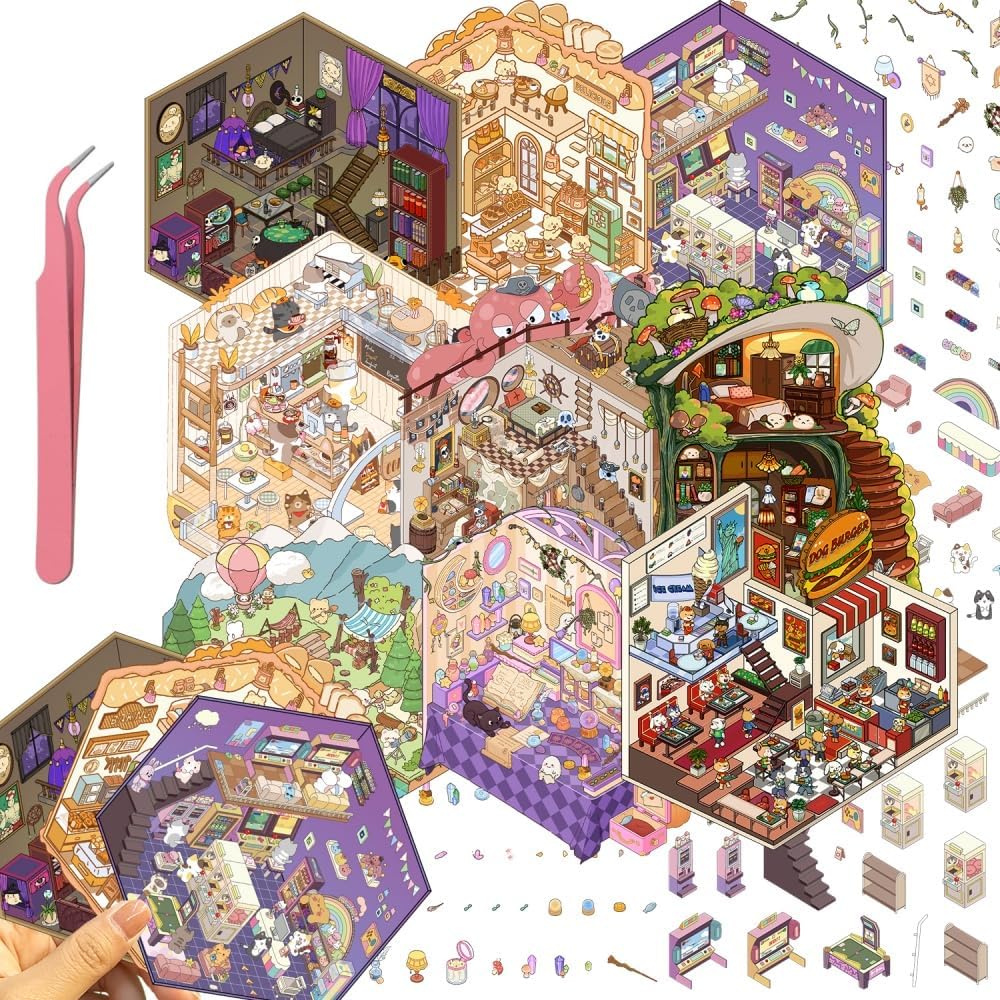 9 Sets Girls 3D Miniature Scene Stickers,Magic Study Room,Game Room,Mushroom House