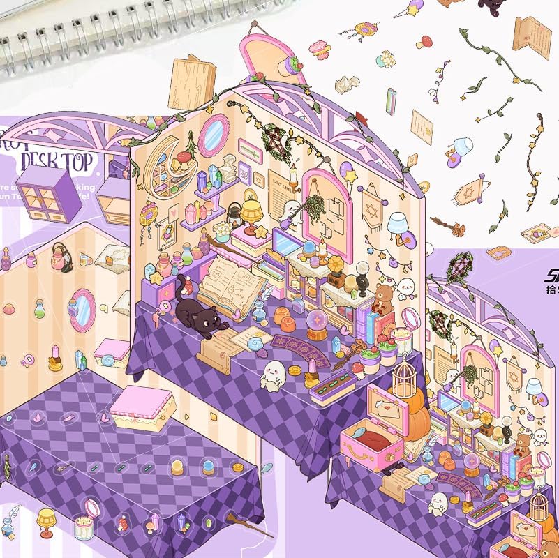 9 Sets Girls 3D Miniature Scene Stickers,Magic Study Room,Game Room,Mushroom House